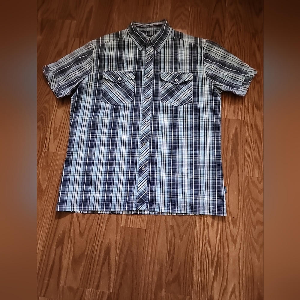 Kuhl Short Sleeve Shirt Med Suncel Plaid Blues Born In The Mountains